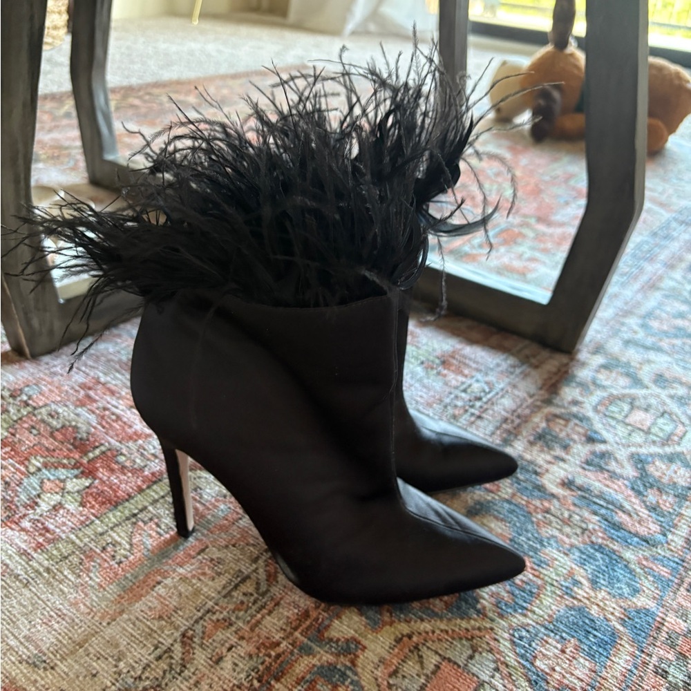 Jessica Simpson Black Heeled Boots with Feather Trim